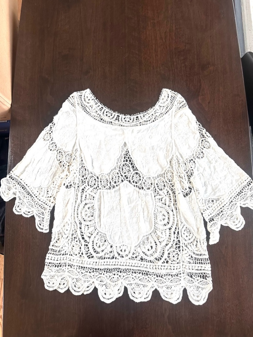 Anthropologie Raga Ivory Crochet Lace 3/4 sleeve Boho Top M Like New